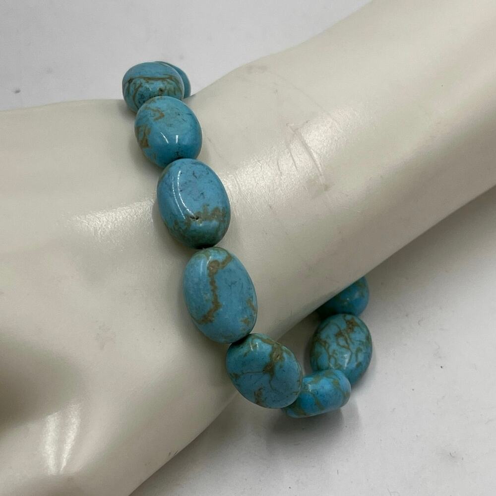 Blue Turquoise Beaded 925 Sterling Silver Toggle Closure Bracelet Sz 8.5”‎
